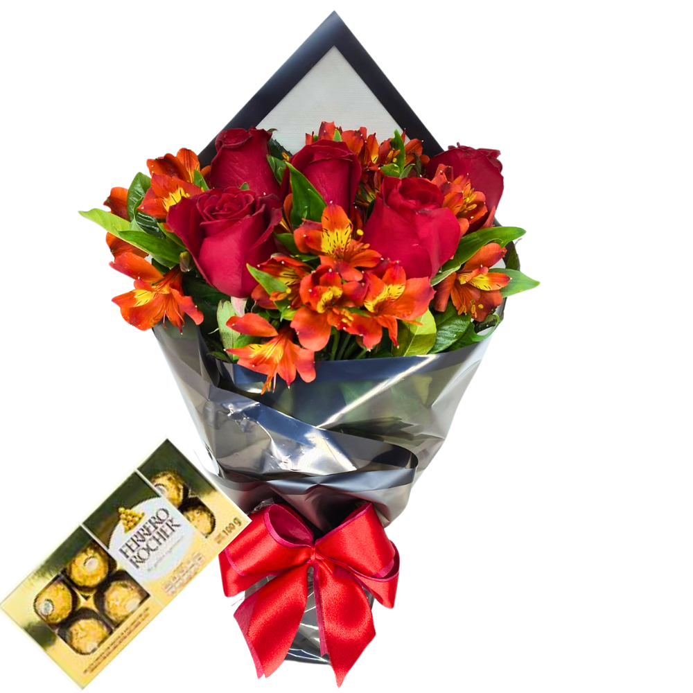 Buqu de 5 Rosas  e Astromlias com Chocolates
